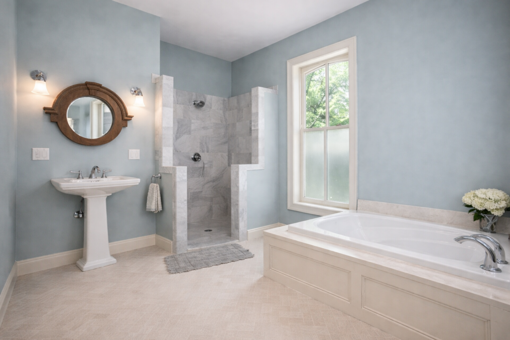 Elegant powder blue bathroom retreat