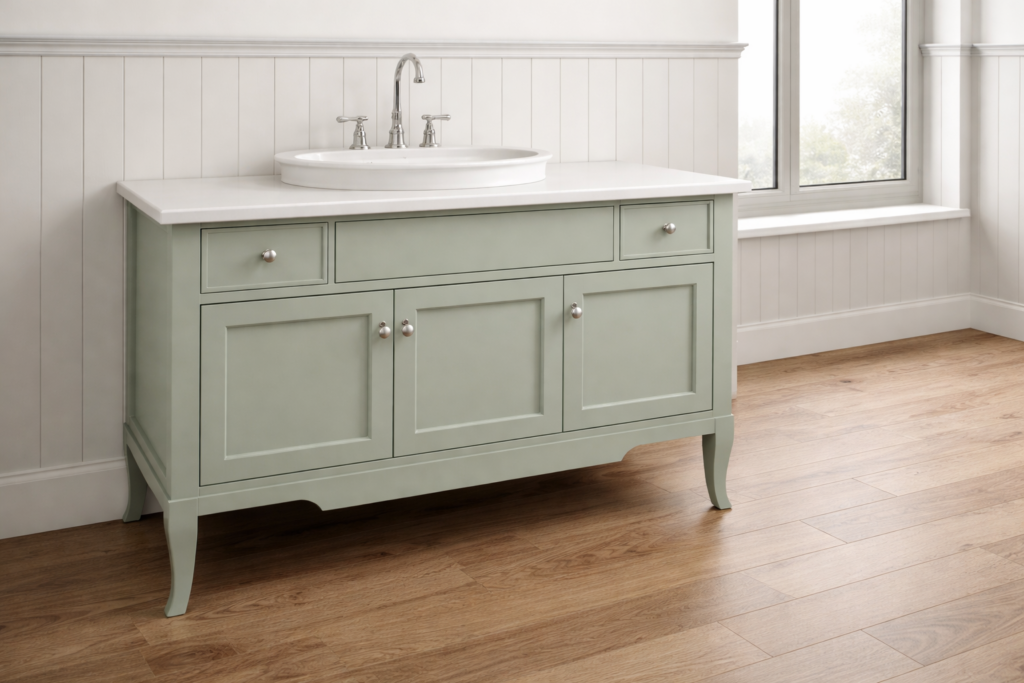 Sage green coastal vanity in bathroom